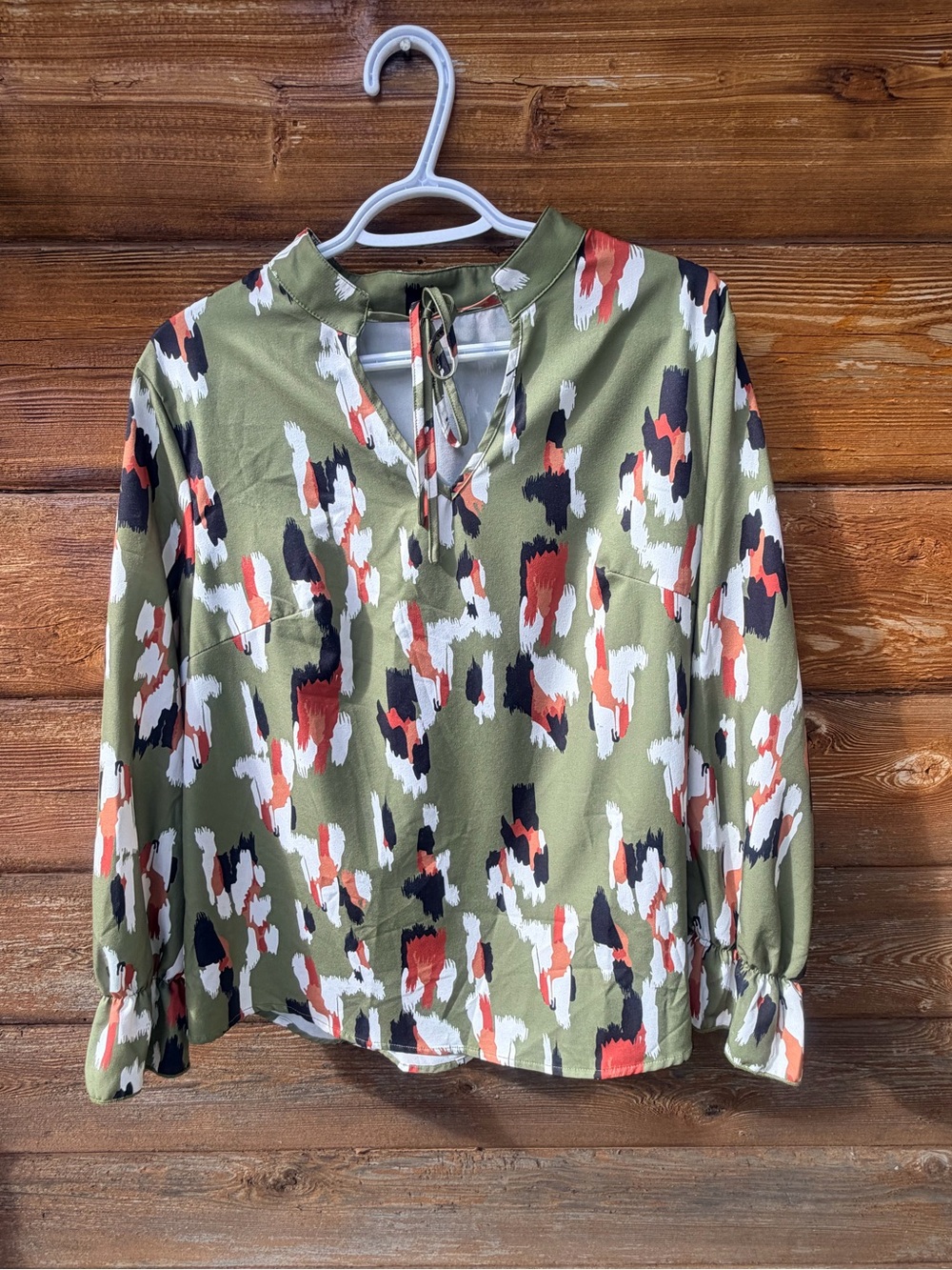 SHEIN Olive Abstract Tie-Neck Blouse with Black, White & Rust Accents